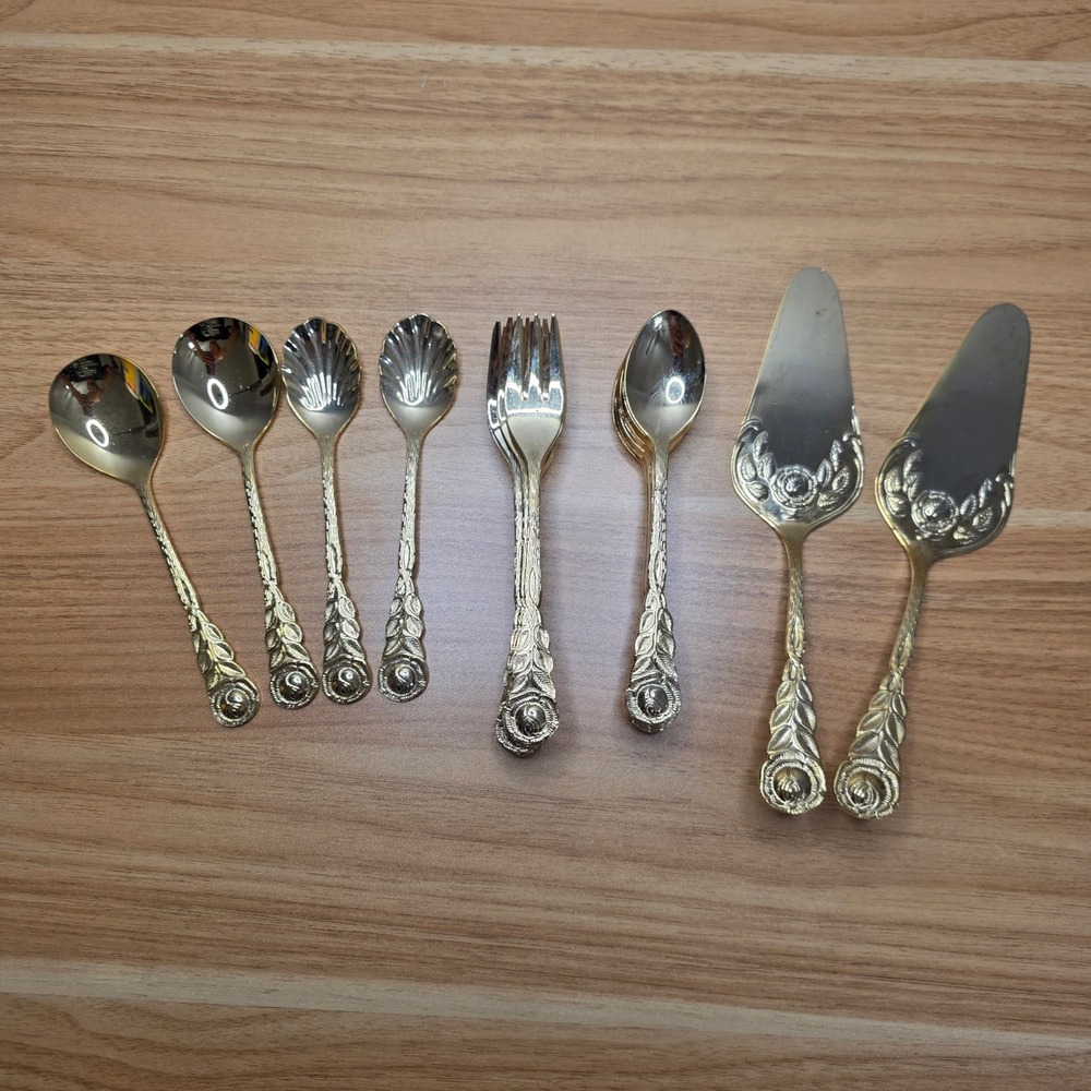 Vintage Rostfrei Esmeyer Gold Electroplate Rose‎ Handled Dessert Set 30 Pieces